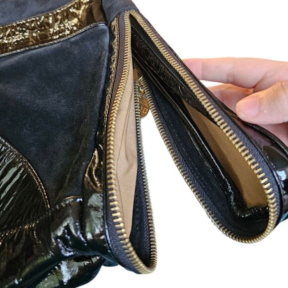 Gustto Black Patent Leather and Suede Large Wristlet Lapol Clutch - Picture 3 of 16